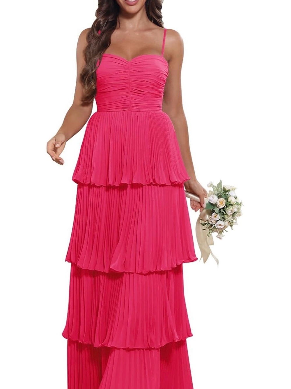 Strapless Tiered Pleated Maxi Dress in Hot Pink with a corset at the back